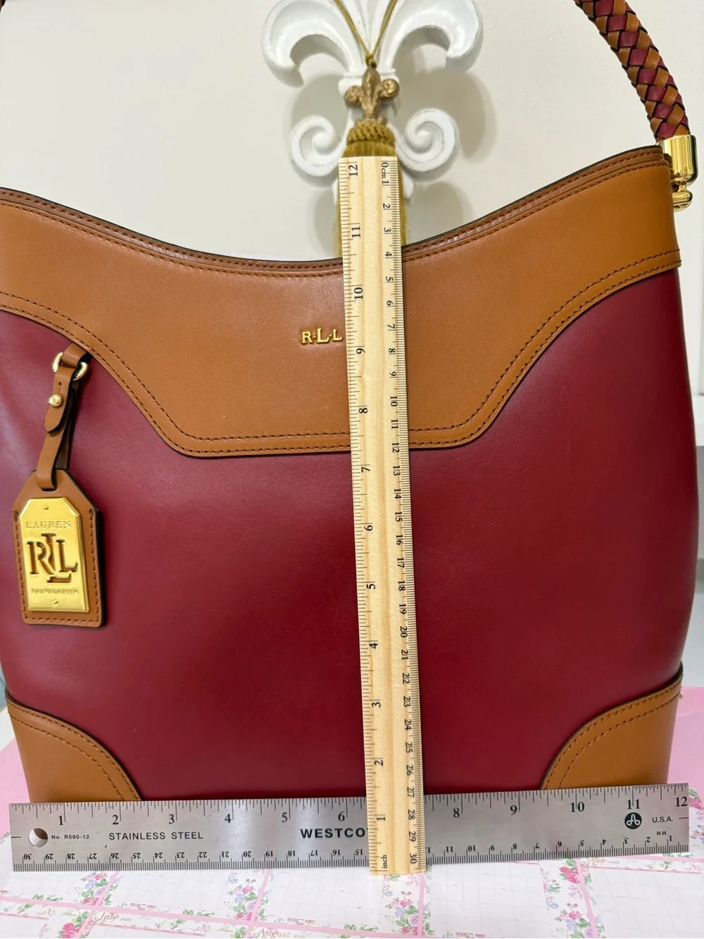 Ralph Lauren Two-Tone Burgundy and Tan Leather Shoulder Bag